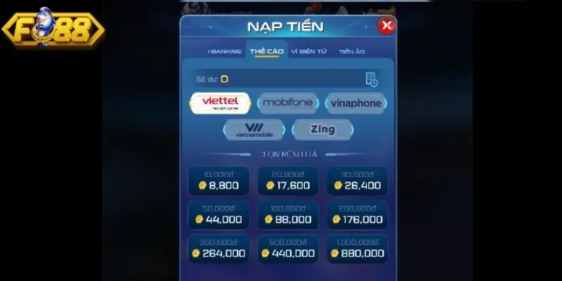 Nạp tiền Fo88 qua thẻ cào điện thoại, game